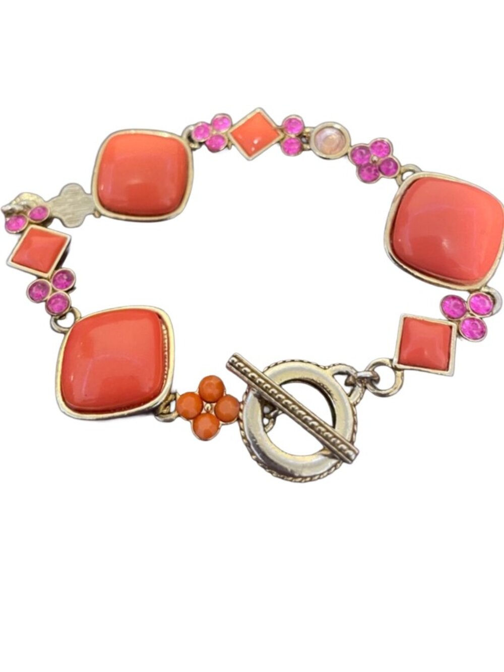 Unlisted Gold-Tone Bracelet with Orange Enamel & Pink Floral Accents OS